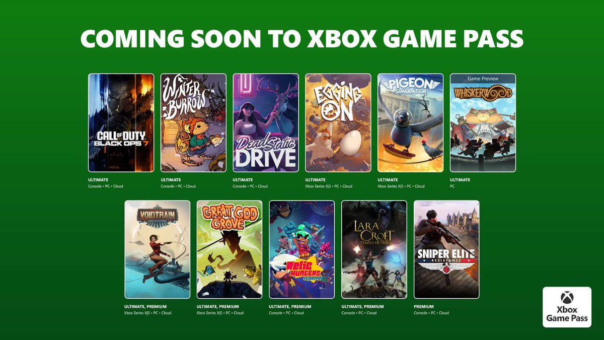 🎮 Nuevos juegazos llegan a #XboxGamePass
• Sniper Elite: Resistance – god
• Voidtrain – survival coop interdimensional
• Pigeon Simulator – eres una paloma, no hace falta más

🔥 Y el 14 de nov llega Call of Duty: Black Ops 7. Lo jugamos con Mangel 👊 <a href="/Xbox_Spain/">Xbox España</a> #ad