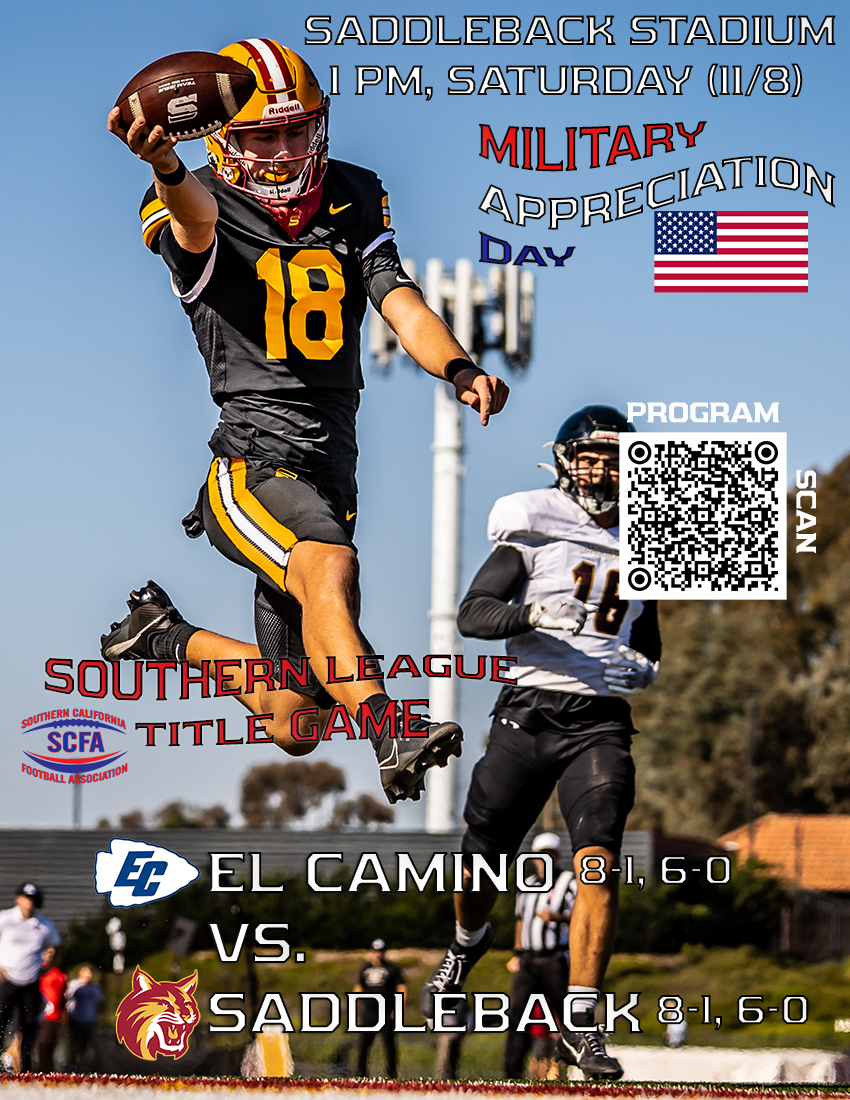 Don't miss it!  The Southern League Title Game:

TICKETS: tinyurl.com/bdff2v6x
VIDEO: tinyurl.com/mrzfka3v
LIVE STATS: tinyurl.com/32becdfj
PROGRAM:  tinyurl.com/2bs3mzkx

<a href="/Saddleback_FB/">Saddleback College Football</a> <a href="/ECCWarriors/">ECC Warriors</a> <a href="/ECC_warrior_FB/">ECC Football</a> <a href="/FBWarriorsECC/">ECC Football</a> <a href="/scfafootball/">Southern California Football Association</a> <a href="/SaddlebackColl/">Saddleback College</a>