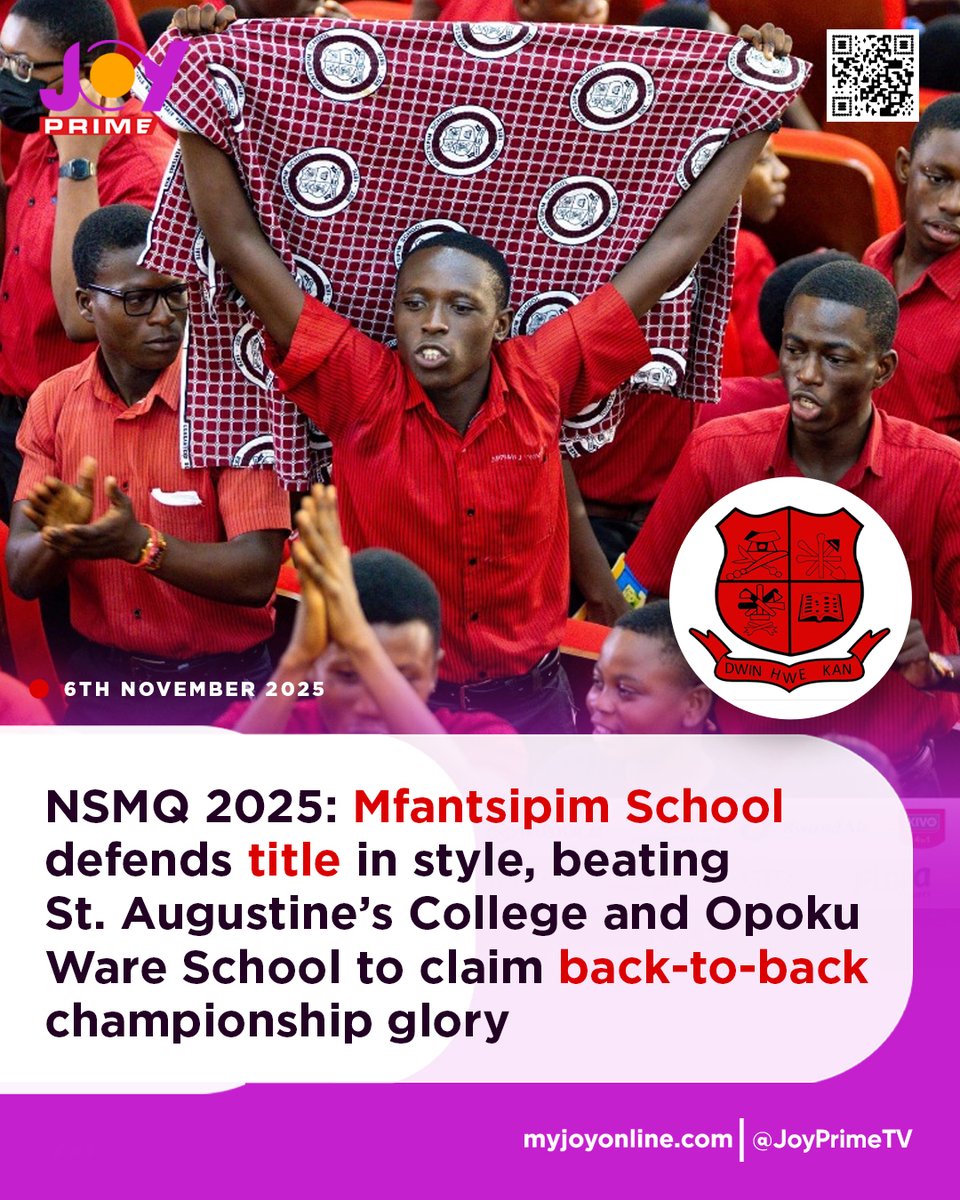 JoyNewsOnTV's tweet photo. Back-to-back brilliance! 🔥
Mfantsipim School joins PRESEC in the elite league of NSMQ giants with consecutive championship wins — conquering St. Augustine’s College and Opoku Ware School in a thrilling 2025 finale. ❤🖤

#NSMQOnJoy #NSMQ2025 #NSMQGrandFinale https://t.co/DBMn51CiuK