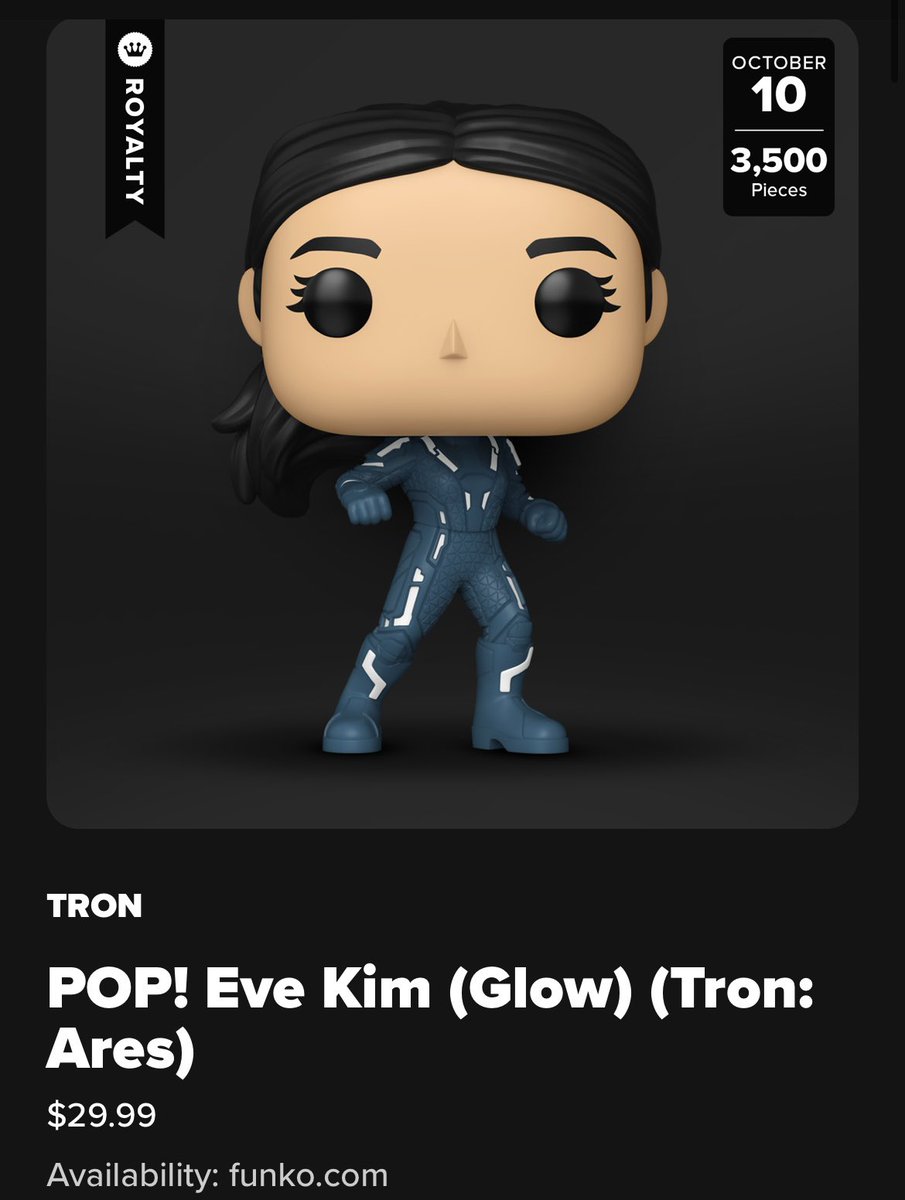 LEFunkoDB's tweet image. 045: GITD Eve Kim Funko POP! - 1/3,500

Release: 10/10/25

Limited Edition, 3,500 Pieces Only (Royalty)

Funko Exclusive

#Funko #FunkoPOP #LimitedEdition #TronAres