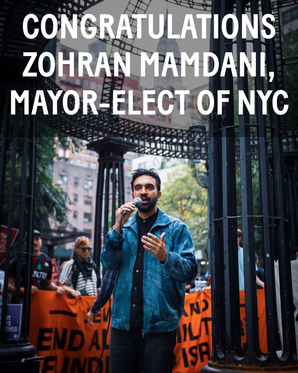 jvplive's tweet photo. Congratulations to Zohran Mamdani, mayor-elect of New York City and the movements that organized to make this moment possible. https://t.co/ULDvYYVtXW