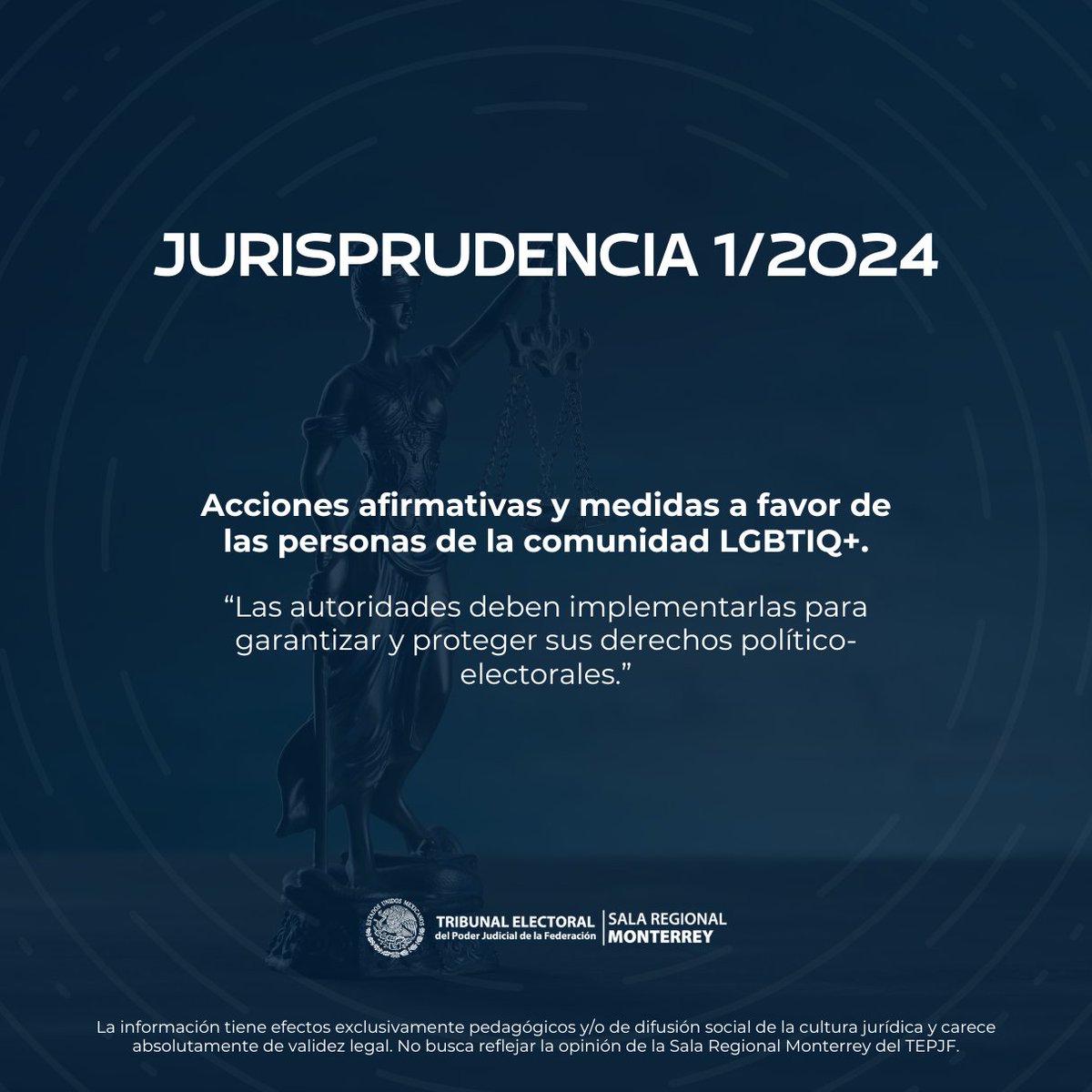 #Jurisprudencia ⚖️ | Las autoridades deben implementar acciones afirmativas y medidas para garantizar y proteger los derechos político-electorales de las personas de la comunidad LGBTIQ+.

La Jurisprudencia 1/2024 lo explica:
🔗 te.gob.mx/ius2021/#/1-20…