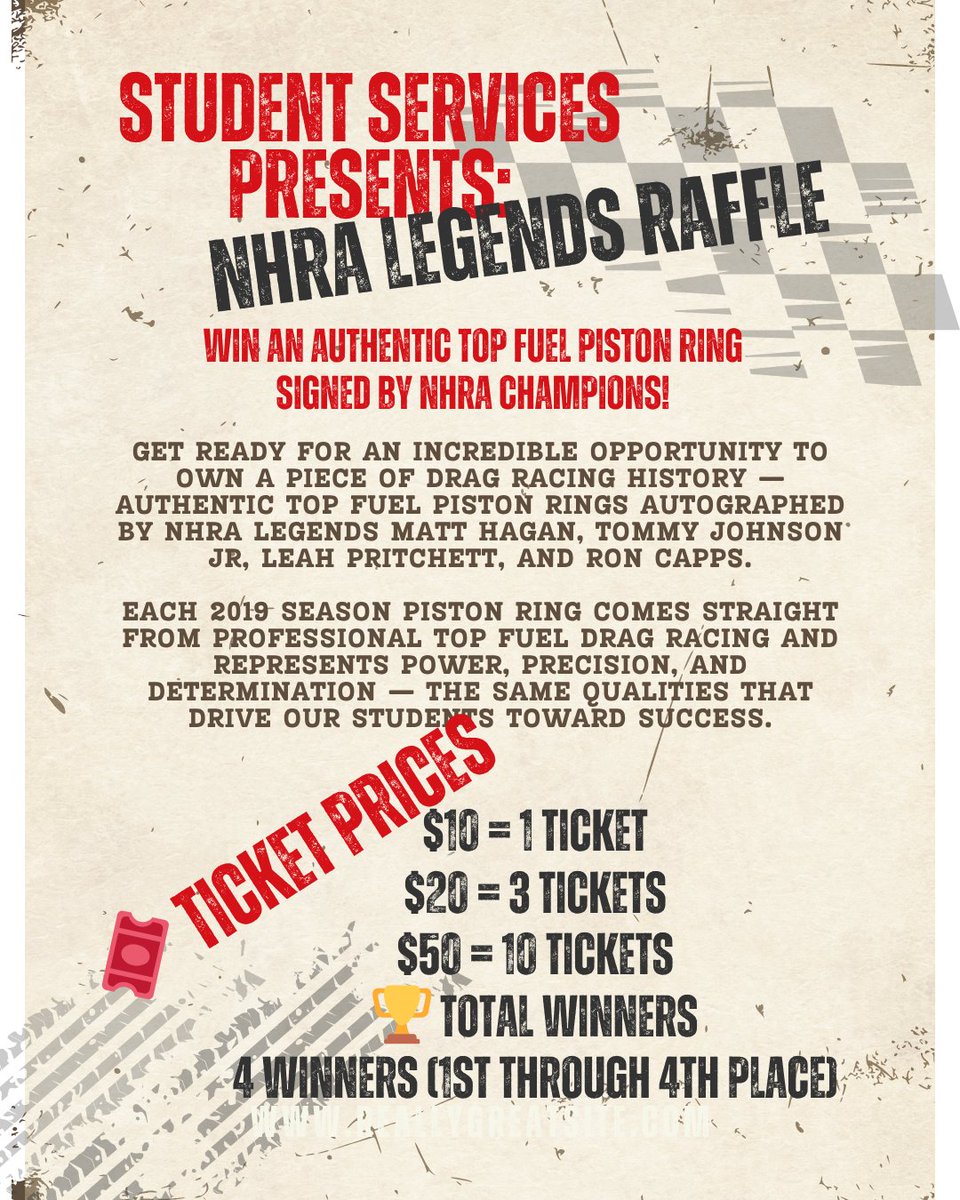 wtcep's tweet image. 💥 Win NHRA-signed piston rings &amp;amp; support Western Tech Student Services!
🎟️ $10=1 | $20=3 | $50=10
🏁 4 winners — 1st picks first!
📅 Drawing: Dec 2, 2025
Don’t miss your chance to own a piece of racing history! Share with your Motorsports friends!
#NHRA #WesternTech #ElPaso