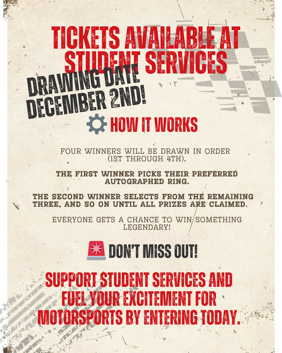 wtcep's tweet image. 💥 Win NHRA-signed piston rings &amp;amp; support Western Tech Student Services!
🎟️ $10=1 | $20=3 | $50=10
🏁 4 winners — 1st picks first!
📅 Drawing: Dec 2, 2025
Don’t miss your chance to own a piece of racing history! Share with your Motorsports friends!
#NHRA #WesternTech #ElPaso