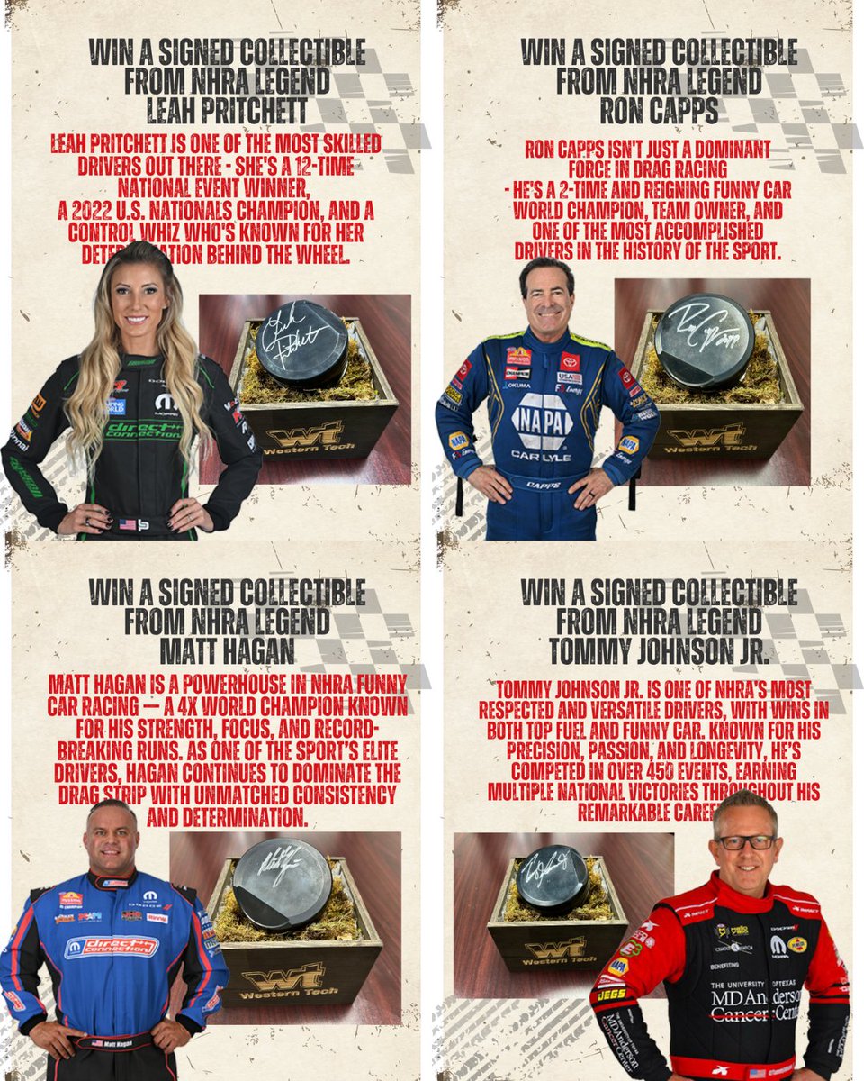 wtcep's tweet image. 💥 Win NHRA-signed piston rings &amp;amp; support Western Tech Student Services!
🎟️ $10=1 | $20=3 | $50=10
🏁 4 winners — 1st picks first!
📅 Drawing: Dec 2, 2025
Don’t miss your chance to own a piece of racing history! Share with your Motorsports friends!
#NHRA #WesternTech #ElPaso