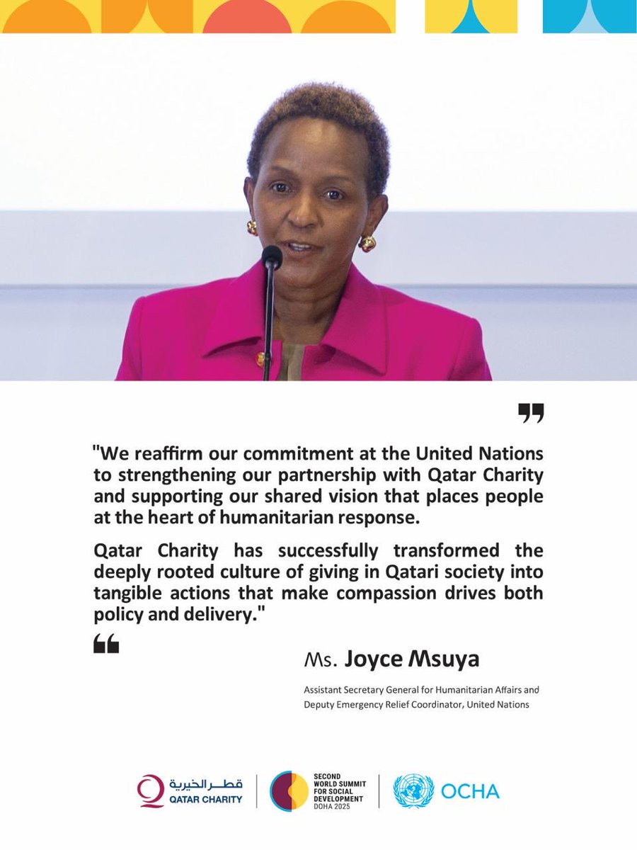 qcharity_en's tweet photo. statement by Ms. Joyce Msuya, Assistant Secretary-General for Humanitarian Affairs and Deputy Emergency Relief Coordinator at the United Nations.

#SocialSummit2025 https://t.co/fxCabIpzRn