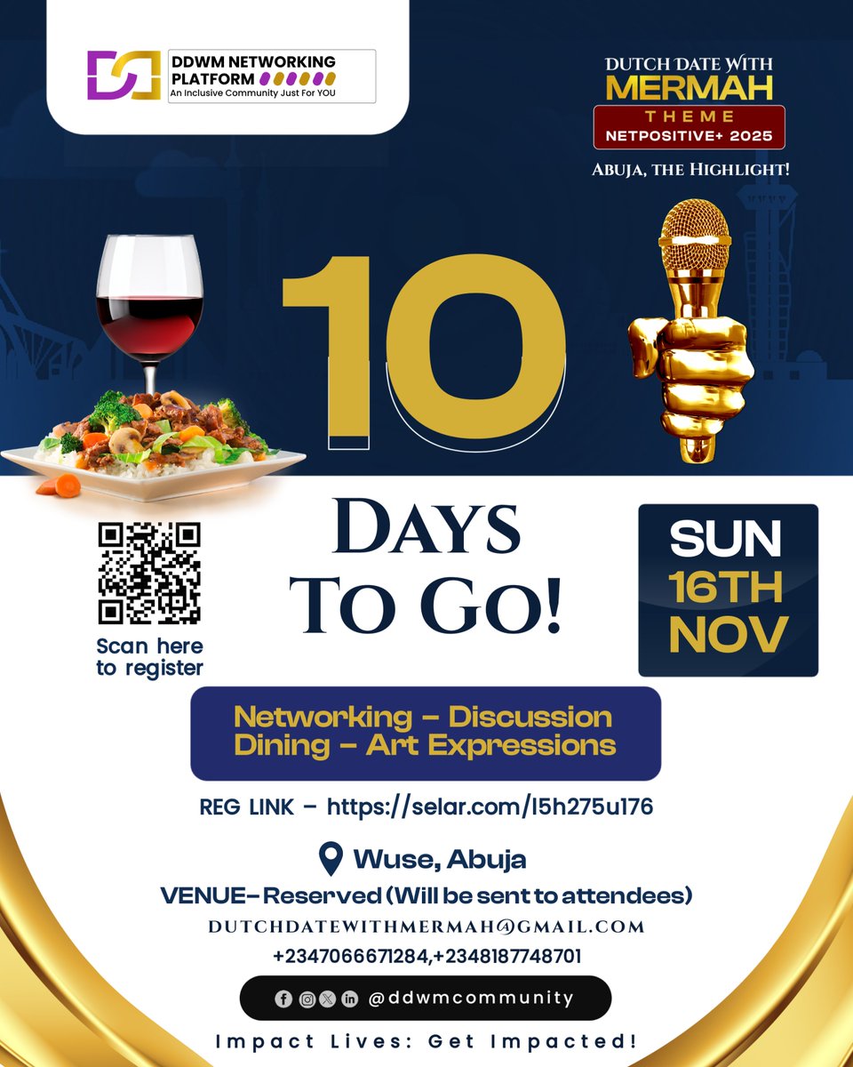 ddwmcommunity's tweet image. Abuja, Count Down with Us🎊

Network || Dine || Impactful Conversations || Socialize

See You at #DutchDateWithMermah 
Date: 16th of Nov., 2025
📍: Wuse, Abuja

Get Your Tickets👇
🎟: selar.com/l5h275u176

Reshare!!!
#NetworkingEvent #Dining #DutchDateWithMermah #Wuse #Abuja