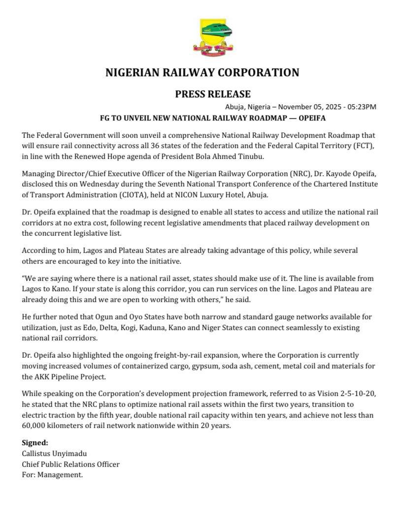 __yellows's tweet photo. BREAKING 🚨

Nigeria's Federal Government unveils a comprehensive National Railway Development Roadmap under President Tinubu's Renewed Hope Agenda! Set to connect all 36 states and FCT, enabling states to tap into national rail corridors. Vision includes electric traction by year 5, doubled capacity in 10 years, and 60,000km network nationwide in 20.
