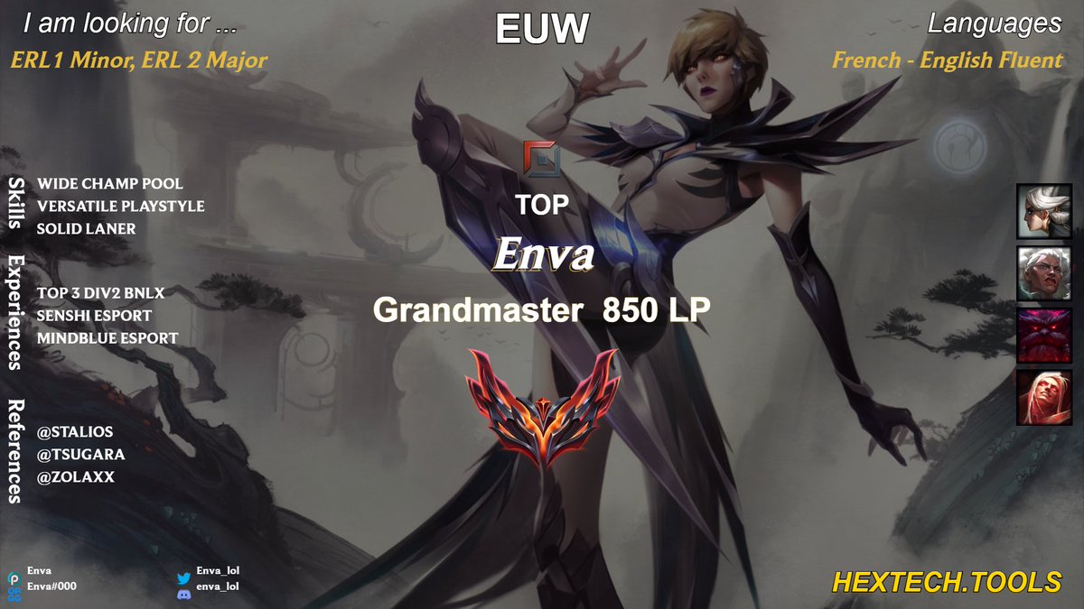 Hello, I'm exploring my options for 2026.  

I'm mainly looking for ROL, ERL1 minor/ERL2 major projects, but still open to any proposals.  

Contact me on Twitter/Discord.

Ref : 
<a href="/StaliosLol/">Stalios</a>
<a href="/TsugaraLoL/">Tsugara</a> 
<a href="/MB_Zolaxx/">Zolaxx</a>

Like &amp; RT appreciated !