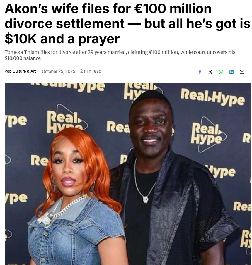 RealAndUnseen's tweet image. After 29 years of marriage, the wife of singer Akon filed for divorce, seeking up to €100 million as compensation for her share of his fortune.

She discovered that Akon only owned €10,000 and that his entire wealth was held in his mother's bank account.