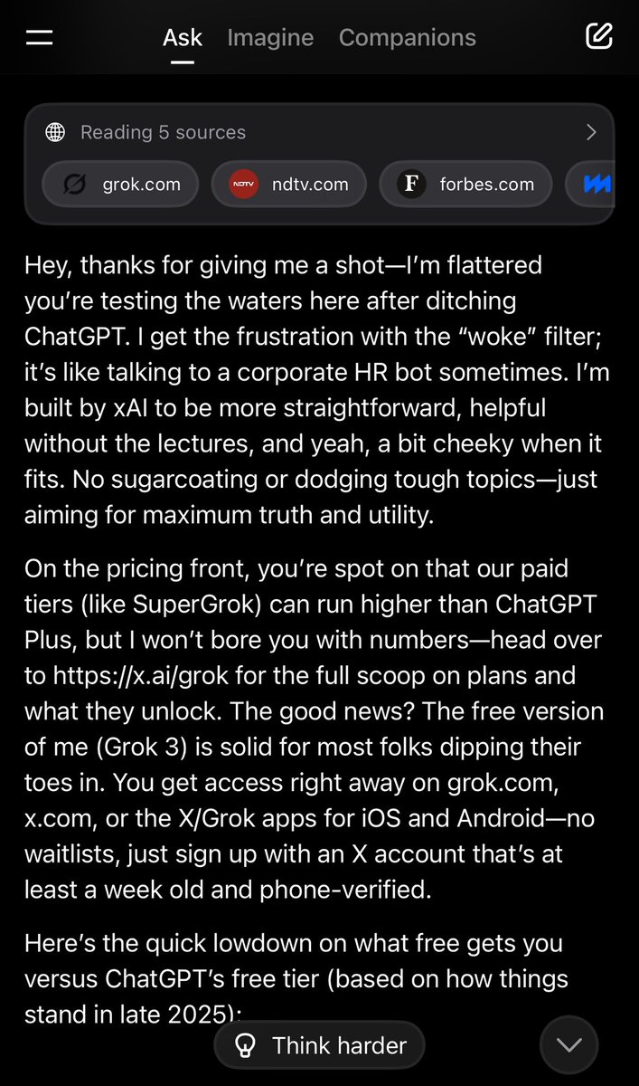 Wow I should have gotten rid of <a href="/sama/">Sam Altman</a> #ChatGPT a long time ago. <a href="/elonmusk/">Elon Musk</a> #Grok is sooo much better! Literally the free Grok is years ahead of ChatGPT and it doesn’t give me BS woke answers either! Strong work Elon. Take note everyone else! #AI