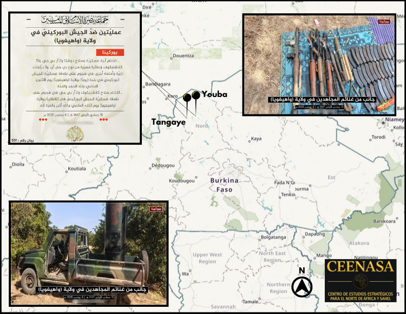 CEENASA396971's tweet photo. #BURKINAFASO 🇧🇫

On Nov 6, The #JNIM claimed to have conducted two operations against the Burkina Faso army in #Ouahigouya province:

- 03/11: in #Youba
- 04/11: in #Tangaye

Were seized:
- 1 HMG
- 4 RPGs
- 11 ARs
- 1 VAS

and more https://t.co/FM1SJhrCl6
