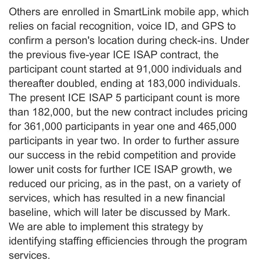 $GEO ISAP (monitoring) new contract include pricing for 361k partecipants in Year1, and 465k in Year2. Current count is ~182k. So this part of the business (the higher margin one) is about to more than double in coming years.. $CXW