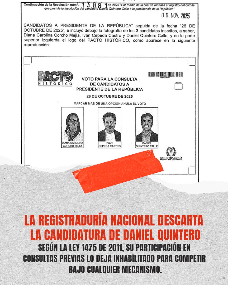 ElOpinometro_'s tweet image. #Colombia | 🚫 La Registraduría cerró las puertas a Daniel Quintero para ser candidato presidencial.

Según la Ley 1475 de 2011, estaría inhabilitado para participar “bajo cualquier mecanismo de selección”.

#DanielQuintero #Elecciones2026