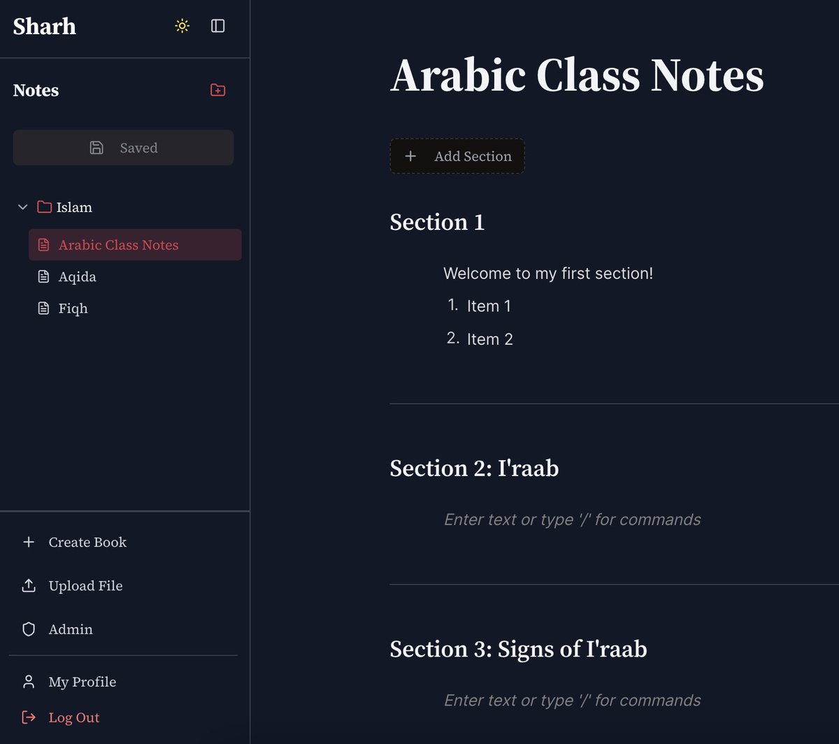 uthmansharh's tweet photo. Our vision for Sharh - to turn it into the Notion for Tullab ‘Ilm.

Unveiling the Notebook feature for users- incredibly powerful, simple, and easy to use. 

Integrations coming soon.

Try it at https://t.co/F0ARTQpPqd 

You’ll need to make an account. https://t.co/BBqAGINAc8