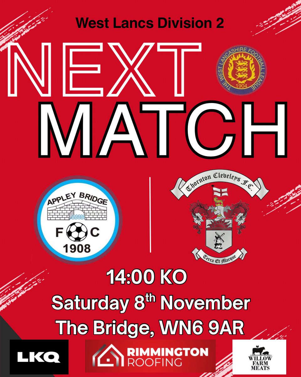𝑼𝑷 𝑵𝑬𝑿𝑻 🔴

The Ressies are back in league action this weekend and travel down the M6 to take on league newcomers <a href="/ABFC1908/">Appley Bridge FC</a> for the first time

⏰ 14:00 KO
🏟️ The Bridge, WN6 9AR
🏆 West Lancs Division 2
🎟️ Free Entry

#TCFC #ALLRED 🔴