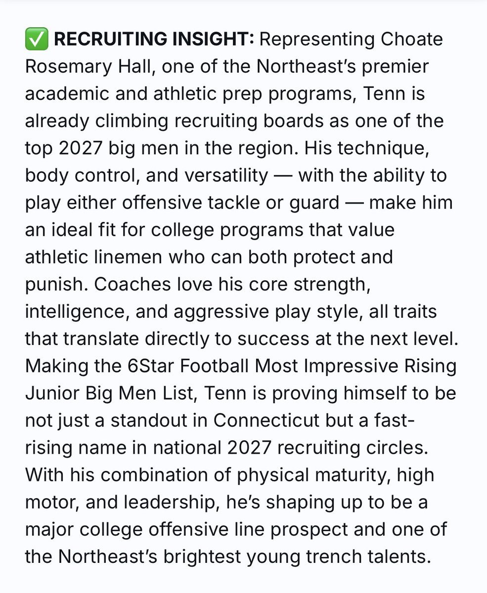 Thank you <a href="/sixstarfootball/">Six Star Football | PLUS+</a> for  the write-up! Looking to finish the season strong with Team 126. <a href="/CRHFootball/">Choate Rosemary Hall Football 🐗</a> <a href="/coach_spinnato/">Coach Spinnato</a> <a href="/brendancahill_/">Brendan Cahill</a> <a href="/UMassCaleb/">caleb holfoth</a> <a href="/Big____Homie/">Big____Homie</a>