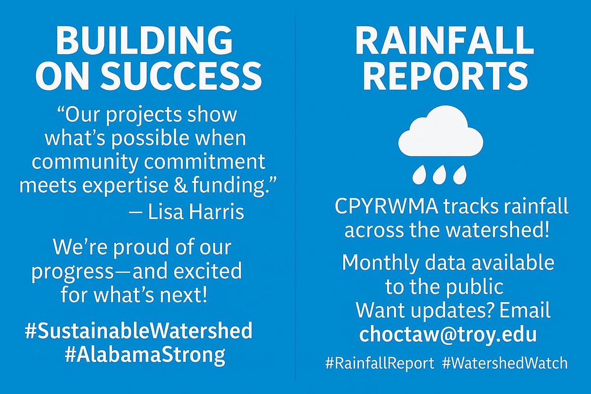 PeaRivers's tweet photo. 🌧️ Rainfall Reports
CPYRWMA tracks rainfall across the watershed!
📊 Monthly data available to the public. Want updates? Email choctaw@troy.edu 💦 Every drop counts! #RainfallReport #WatershedWatch https://t.co/RWlhtZ1qYa