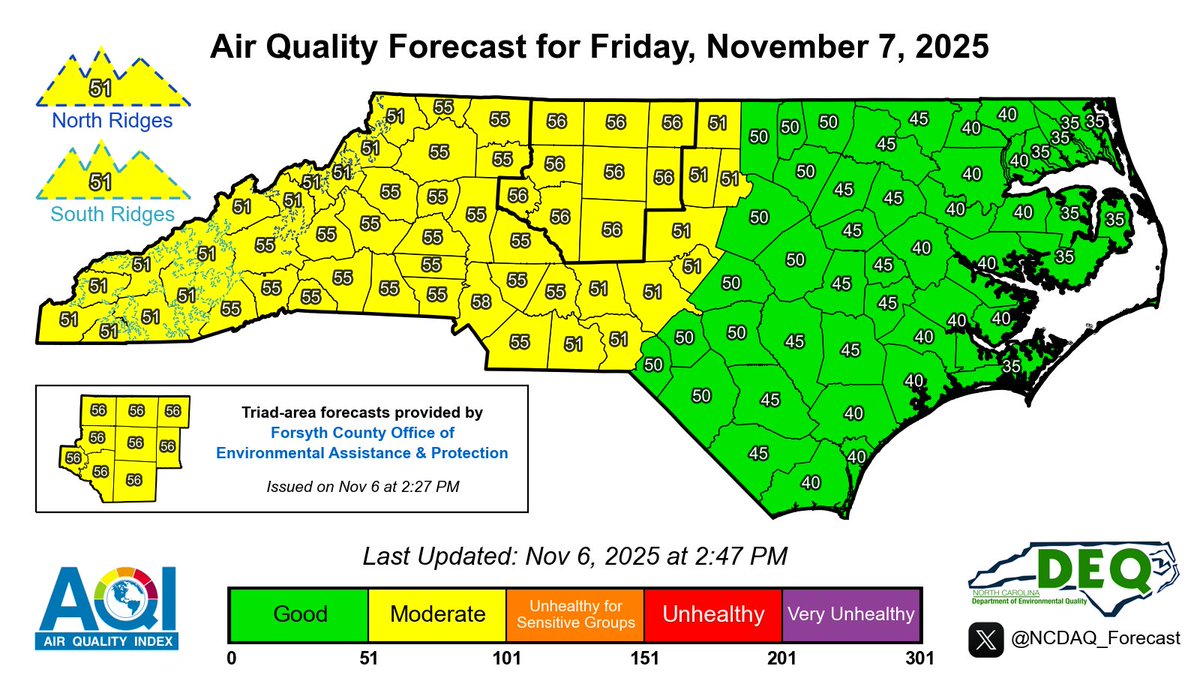Here is the latest NC Air Quality Forecast for Friday, 11/7/2025
#ncwx #airquality #AQI

For our discussion &amp; KML files: airquality.climate.ncsu.edu/discussion/?is…