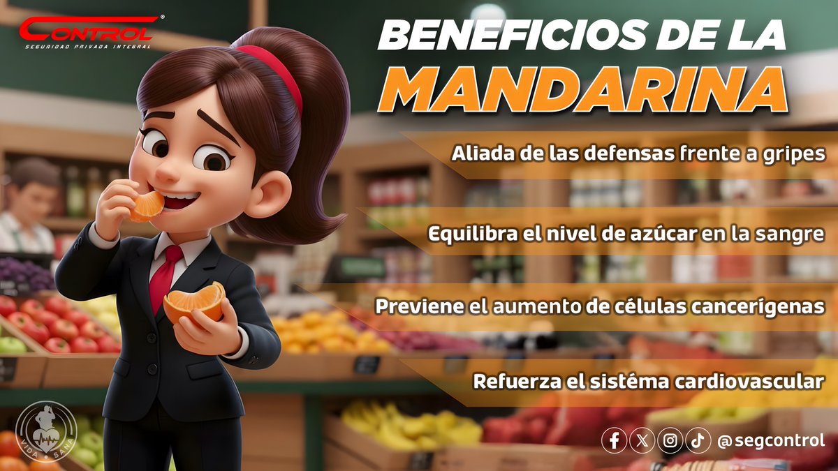 segcontrol's tweet image. 🍊 ¡Energía, sabor y bienestar en cada gajo!

La mandarina es mucho más que una fruta deliciosa:
✨ Refuerza tus defensas gracias a su alto contenido de vitamina C.

Disfrútala como snack, en jugo o recién pelada.
🍊💚

#ControlSeguridad #Vidasana #Mandarina #Frutas