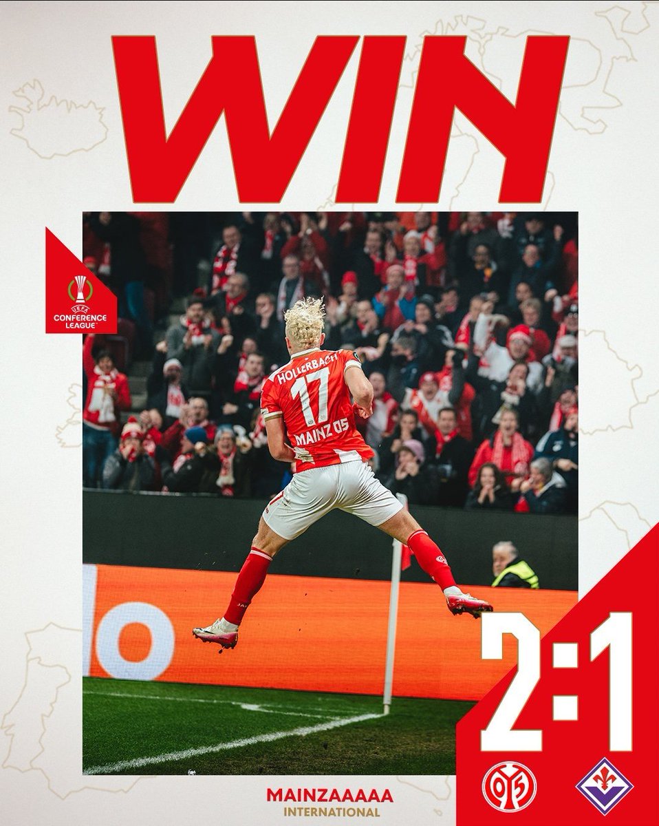 unserfussball's tweet photo. ⏱️ TERMINÉ !!!
Victoire et fin de match DINGUE pour Mainz qui s'impose face à la Fiorentina suite à une seconde période bien supérieure à la première avec des buts de Hollerbach (68' ) et du HÉROS DU SOIR Lee Jae-sung ! 🔴⚪🤩
La qualification c'est TOUT DROIT !
#M05ACF #UECL https://t.co/NtjMfFlsNd