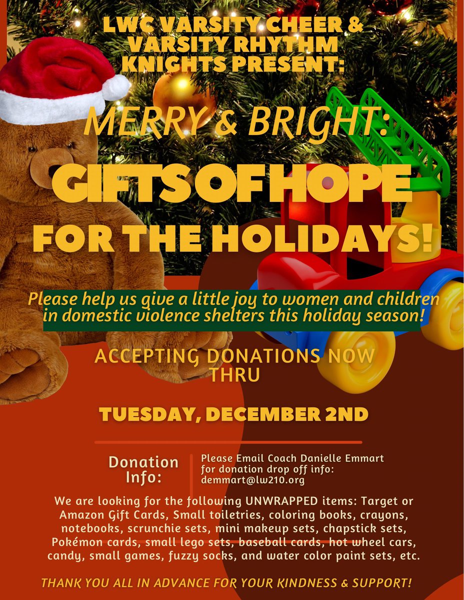 LWCcheer's tweet photo. Please join our LWC Cheerleaders and our LWC Rhythm Knights Dance team for our annual holiday drive:

🎁 Merry &amp; Bright: Gifts of Hope for the Holidays🎁 https://t.co/mFIt536wzZ