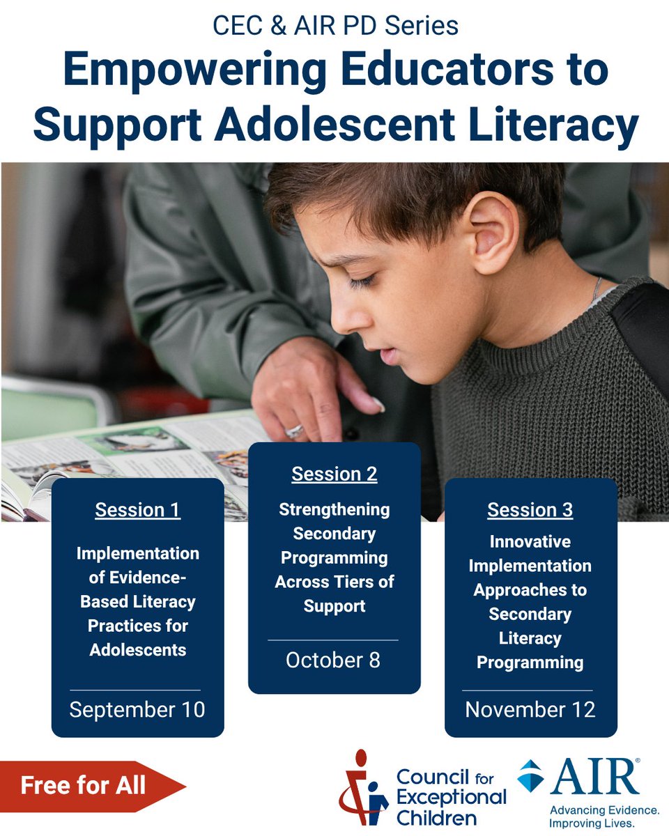 MTSScenter's tweet image. The final session of the Empowering Educators to Support Adolescent Literacy professional development series hosted by @CECMembership and @AIRInforms is happening next week! Register to attend: learn.exceptionalchildren.org/products/cec-a…
