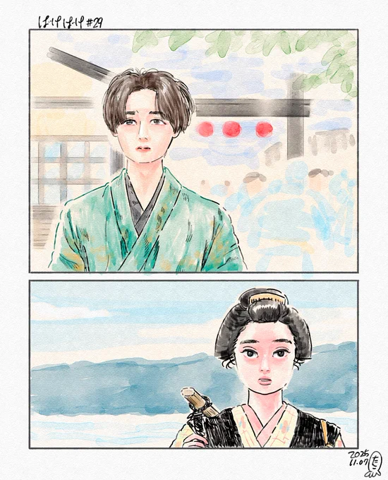 「ばけばけ」29話絵。
三之丞ぼっちゃんとおトキ。
…はぁ…。どうなるこの後

#ばけばけ 
#ばけばけ絵 