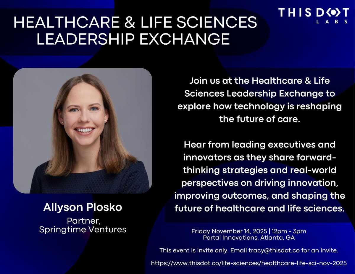 ladyleet's tweet image. #Atlanta Event Alert!

@AllysonPlosko is a SpringTime Ventures Partner, investing in fintech, healthcare, and supply chain startups.

She joins the panel for @ThisDotLabs&apos; Healthcare &amp;amp; Life Sciences Leadership Exchange on Nov 14!

Healthcare + tech leaders, DM me for an invite!
