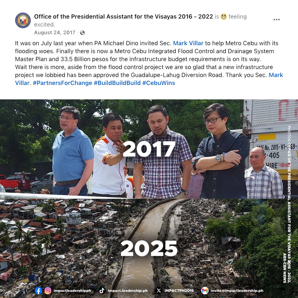 'FINALLY THERE IS NOW A ₱33.5-B METRO CEBU INTEGRATED FLOOD CONTROL AND DRAINAGE SYSTEM MASTER PLAN'?

The Office of the Presidential Assistant for the Visayas (OPAV) under then-Secretary Michael Dino expressed gratitude to then–Public Works and Highways Secretary Mark Villar