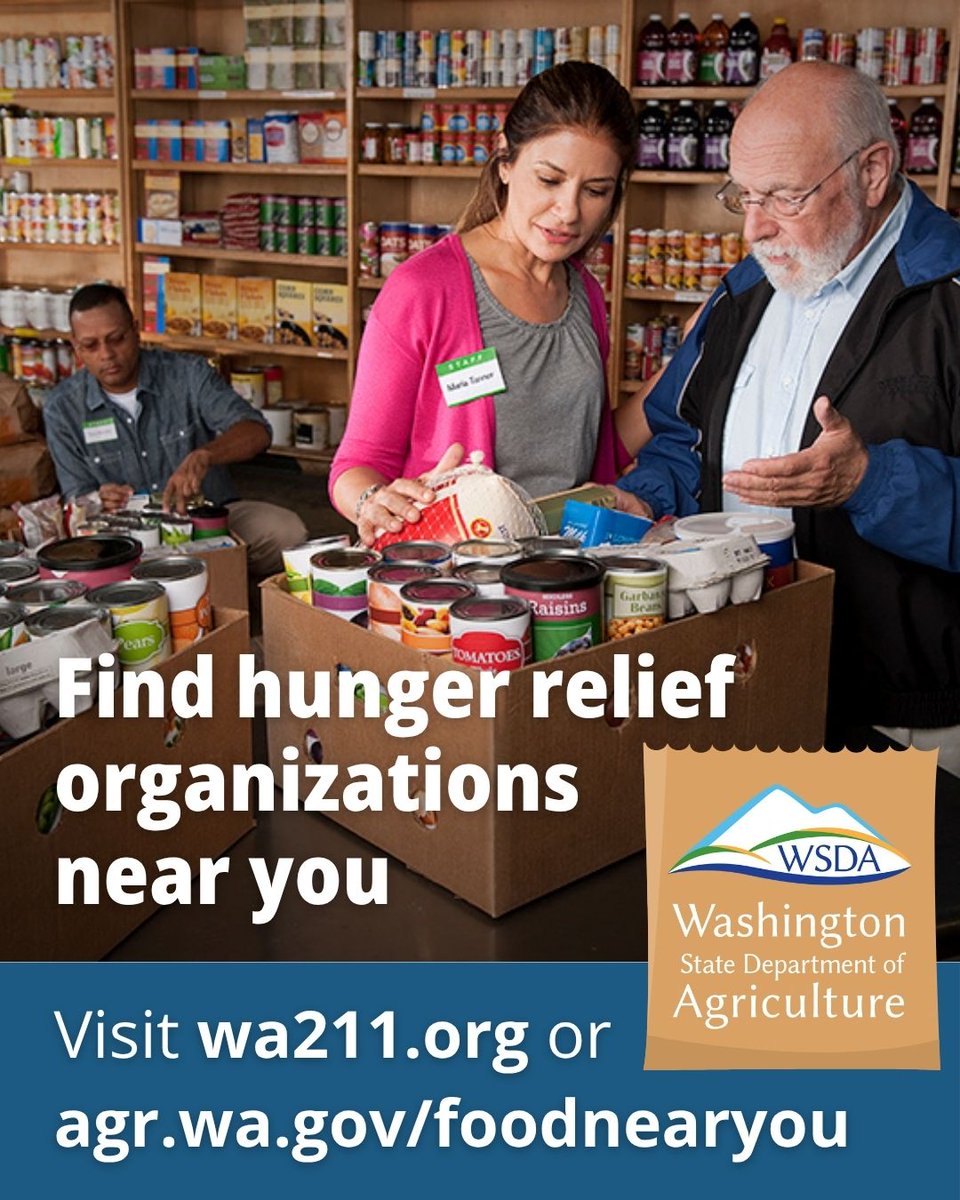 WSDAgov's tweet image. If you’re struggling to afford the food you need, you’re not alone. Use these resources to learn about hunger relief organizations in your area:

Visit wa211.org or agr.wa.gov/foodnearyou to find hunger relief organizations near you.
