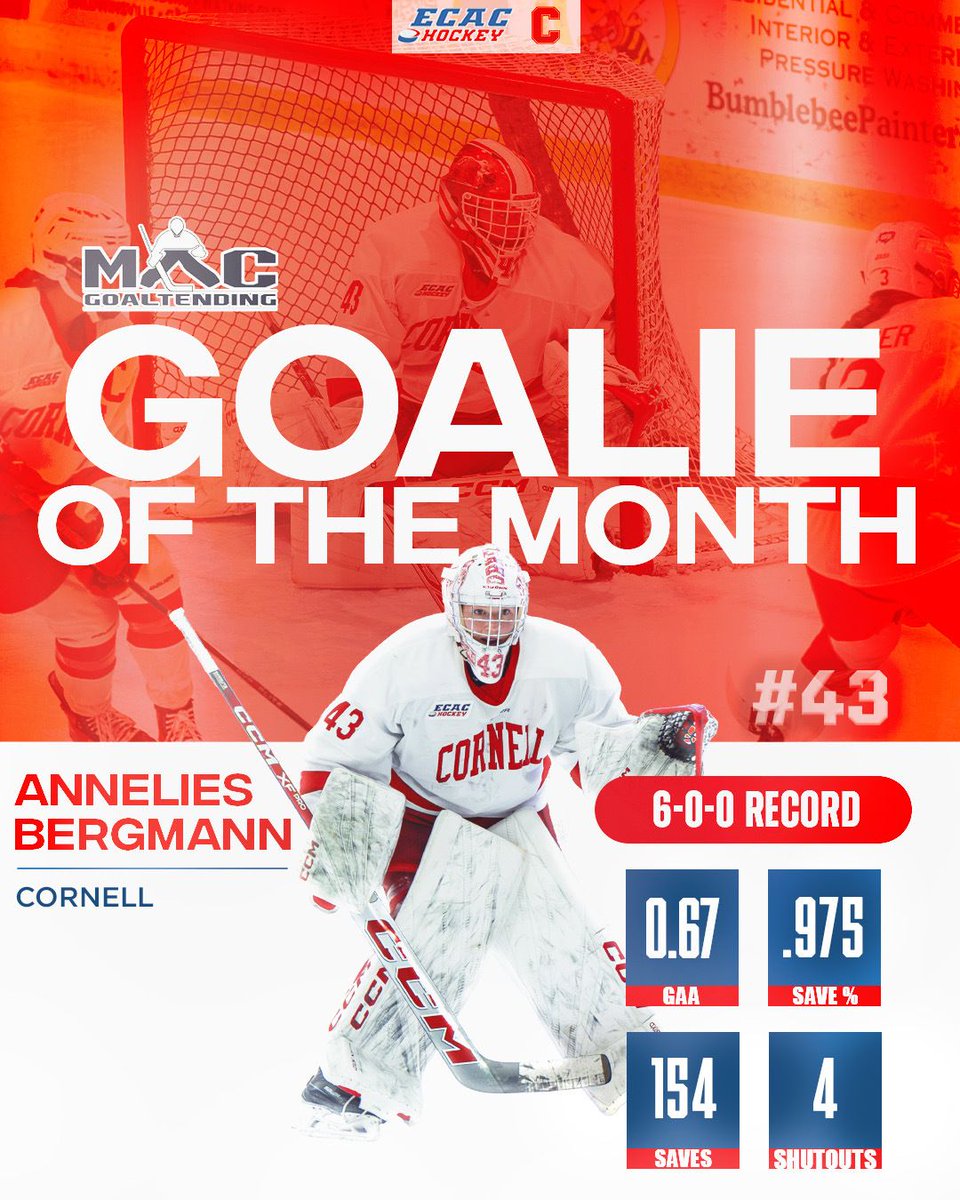 <a href="/bluebirdhotels/">Bluebird Hotels</a> <a href="/QU_WIH/">Quinnipiac Women's Ice Hockey</a> <a href="/ClarksonWHockey/">Clarkson Womens Hockey</a> <a href="/jrcudas/">Burlington Jr. Barracudas</a> 🌟 @macgoaltending Goalie of the Month: Annelies Bergmann (<a href="/CornellWHockey/">Cornell Women's Ice Hockey</a>) 

Bergmann was a brick wall in net for the Big Red this month, going 6-0-0 with an average of 0.67 goals against and a 0.975 save percentage. The junior goalie had 154 saves including four shutout wins!