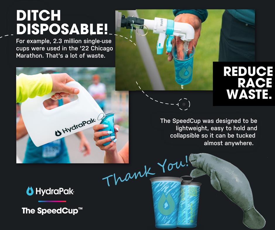 Our inaugural Manatee 5K is only a little over one week away!
As an organization focused on sustainability, we’re taking steps toward reducing trash. We will provide a FREE reusable cup to each in-person participant in partnership with Hydrapak!