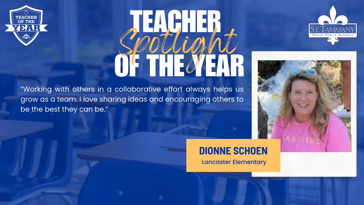 ✏️ Teacher of the Year Spotlight 📚

Dionne Schoen from Lancaster Elementary looks to her students as the primary source of inspiration to do her best each and every day.

See more Teacher of the Year Spotlights at stpsb.org/teacherspotlig….

#STPPSLaunchingExcellence