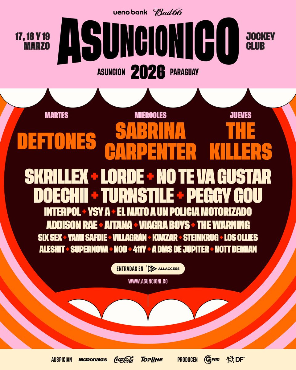 AMIGOS DE PARAGUAY!! 🇵🇾🔥 Nos vemos en el <a href="/Asuncionico_/">Asuncionico</a> 2026! 🙌🙌 Estamos muy emocionados de participar de este enorme festival por primera vez! Y miren lo que es esa grilla! 🥵 Tremendooo! Va a ser increíble! Nos vemos en marzo! 

🎫 Tickets: allaccess.com.py/event/asuncion…