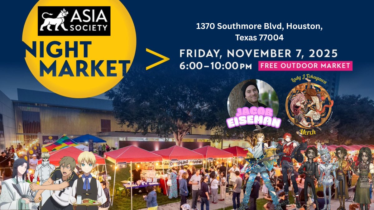 Hello! Jacob Eiseman here, voice of Windmaster from Heaven Official's Blessing #TGCF, Matthias the Puppeteer from #IdentityV, &amp; Konoha Akinori from #Haikyuu!

<a href="/Coyote4life/">Lady J Tokugawa Merch</a> &amp; myself will be at the @asiasociet Night Market in Houston, TX! 1 night only from 6pm - 10pm. Free outdoor
