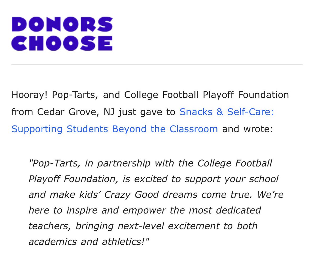 Woooowwww. Wasn’t expecting this. THANK YOU to <a href="/PopTartsUS/">Pop-Tarts</a> and <a href="/CFPExtraYard/">College Football Playoff (CFP) Foundation</a> for funding my <a href="/DonorsChoose/">DonorsChoose</a> project!! My student hygiene bin ran out of supplies two weeks ago and I didn’t know when I’d be able to refill it again. This is a blessing to my students and me!