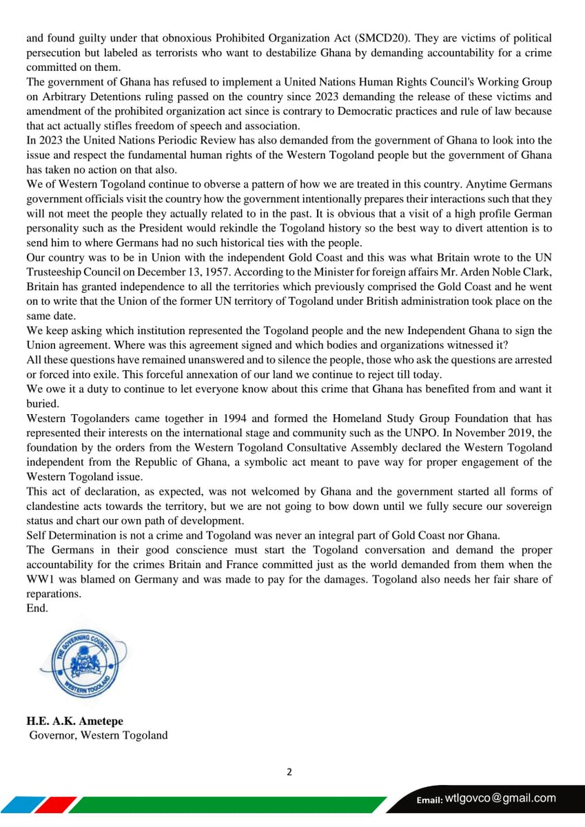 HSGF_WTL's tweet photo. The Western Togoland Governing Council's position on the visit of the President of the Federal Republic of Germany to Ghana.
The constant attempts by Ghanaian government to turn the eyes of the Germans away from the Togoland territory is an evil agenda.
@GermanyDiplo https://t.co/WZCyj1QuAZ