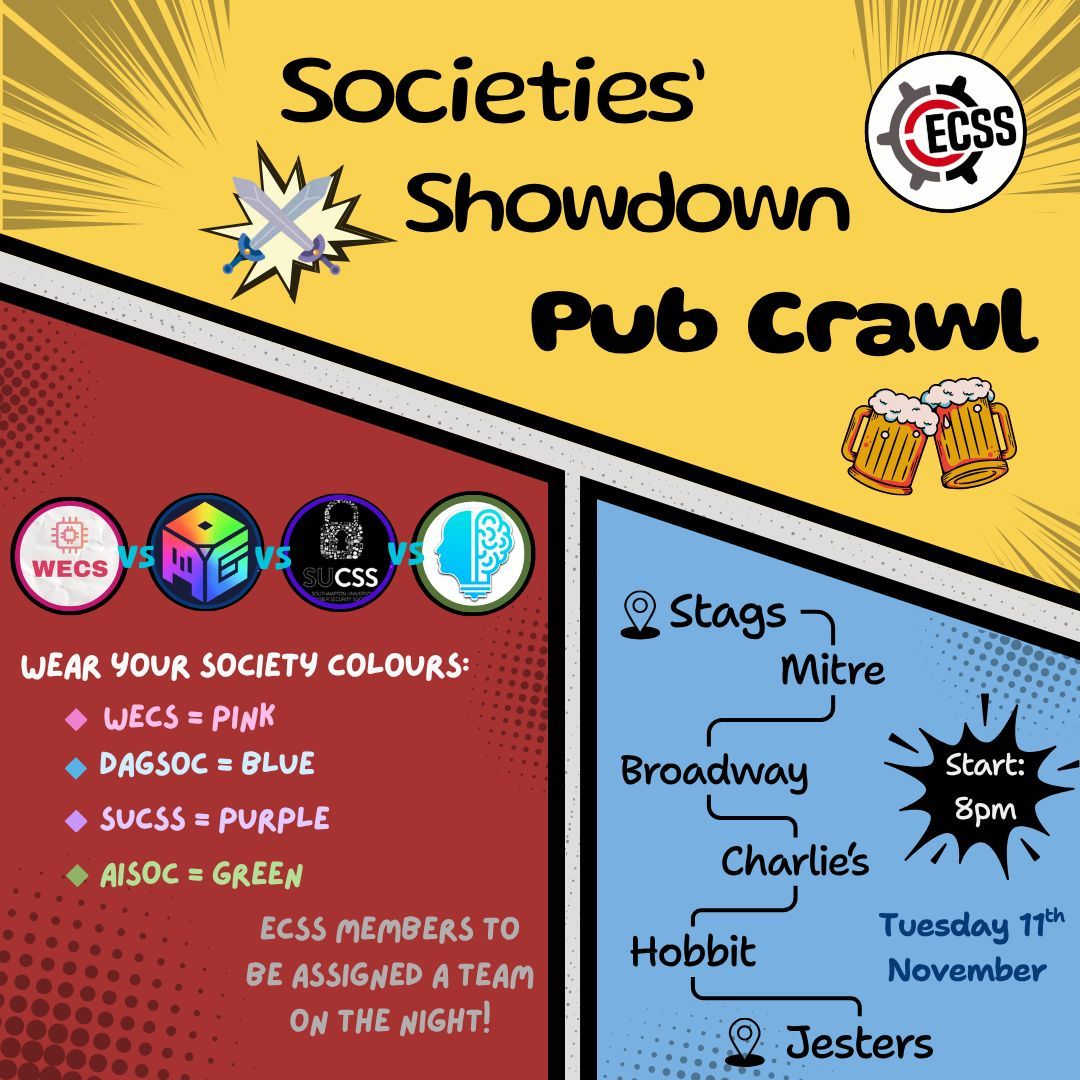 ECSS' Societies' Showdown Pub Crawl 🍻

You can purchase Jesters tickets on Fatsoma here and use promo code "ecsocial11" for £1 tickets

🗓️ When: 11th of November
📍 Where: Stags Pub 🦌
🕗 Time: 8pm

DRESS IN PURPLE TO SHOW YOUR LOYALTY TO THE DAVE

Your Social Sec,
Starkie