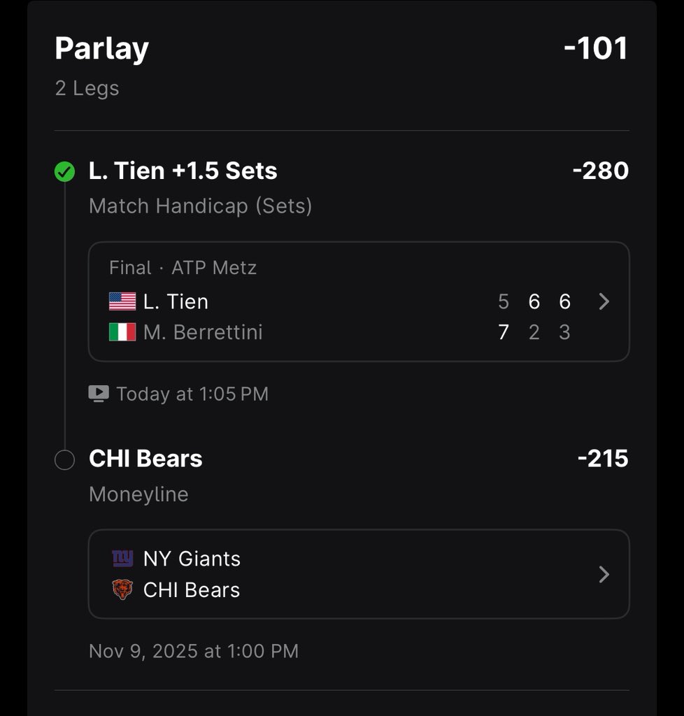 UnifySportz's tweet photo. Cash Tien! Onto the @ChicagoBears 🐻

Stay tuned for more plays. 

#sportsbettingtwitter #Tennisbets #NFLBets #sportsbettingpicks https://t.co/nJwWlMwkAU