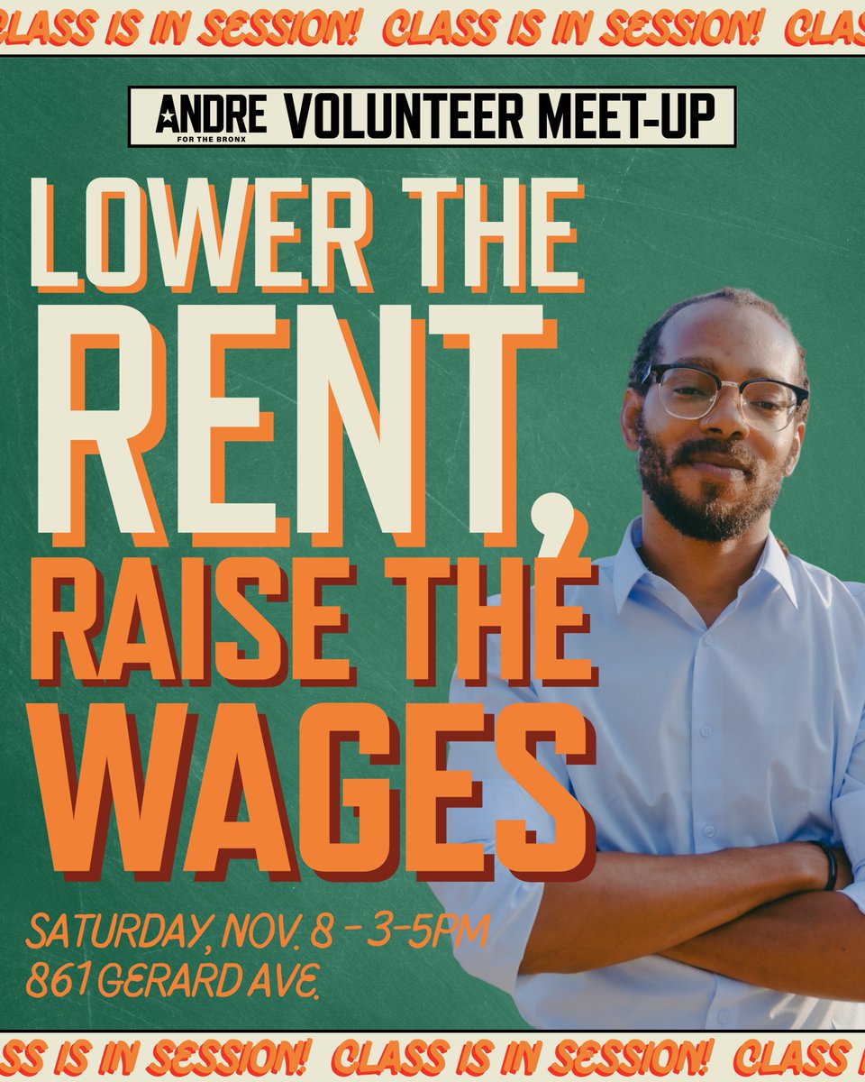 AndreEastonBX's tweet photo. This Saturday in the Bronx — join me for our campaign’s first volunteer meet-up!

Rent keeps rising, wages stay low, and landlords and bosses are getting rich off our labor. It’s time for the Bronx to take back what we’re owed.

I’ll be putting my high school teaching skills to work and leading an interactive class and discussion on how we win real economic power.

How do we lower the rent and raise the wages?

What will it take to reclaim the wealth we create every day?

RSVP here: https://t.co/H7PnDcsJ67