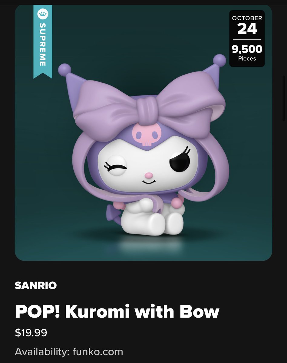 LEFunkoDB's tweet image. 051: Kuromi Funko POP! - 1/9,500

Release: 24/10/25

Limited Edition, 9,500 Pieces Only (Supreme)

Funko Exclusive

#Funko #FunkoPOP #LimitedEdition #HelloKitty