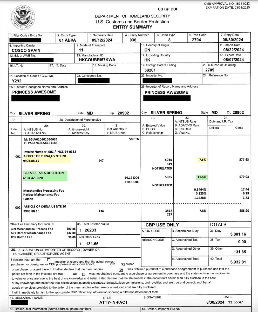 DanLennington's tweet image. A lot of people have never seen a tariff. Here is one. Princess Awesome is an American company that imports clothes. When they import stuff, they get an invoice from @CBP. It requires payment of the tariff. In this case it was $5,932. It&apos;s not a &quot;regulation,&quot; &quot;adjustment,&quot; or…