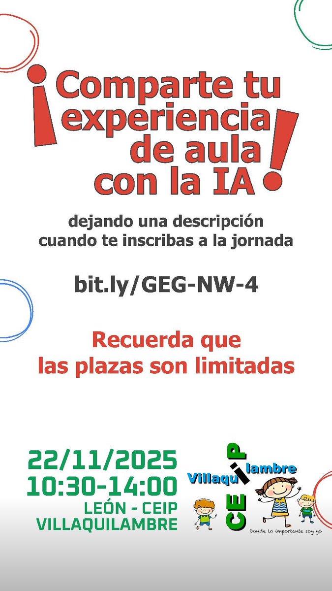 ¡El Meetup GEG Noroeste está de vuelta! 🚀
Un encuentro por y para docentes:
• 2️⃣ Talleres simultáneos
• 💡 Chispas inspiracionales sobre la aplicación de la #IA en el aula.
🗓️ 22/11/2025
📍 León

🚨 APERTURA DE PLAZAS: 10/11 a las 18:00h. ¡Son limitadas!
#claustrovirtual