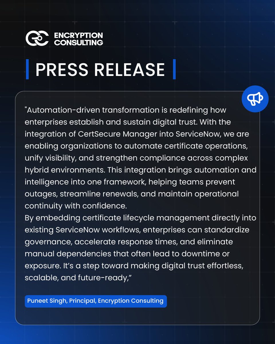 encryptioncons's tweet image. We are thrilled to announce the integration of Encryption Consulting&apos;s CertSecure Manager with ServiceNow, redefining how enterprises manage digital trust.

This integration unifies automation, visibility, and compliance into a single, seamless workflow,  empowering organizations…