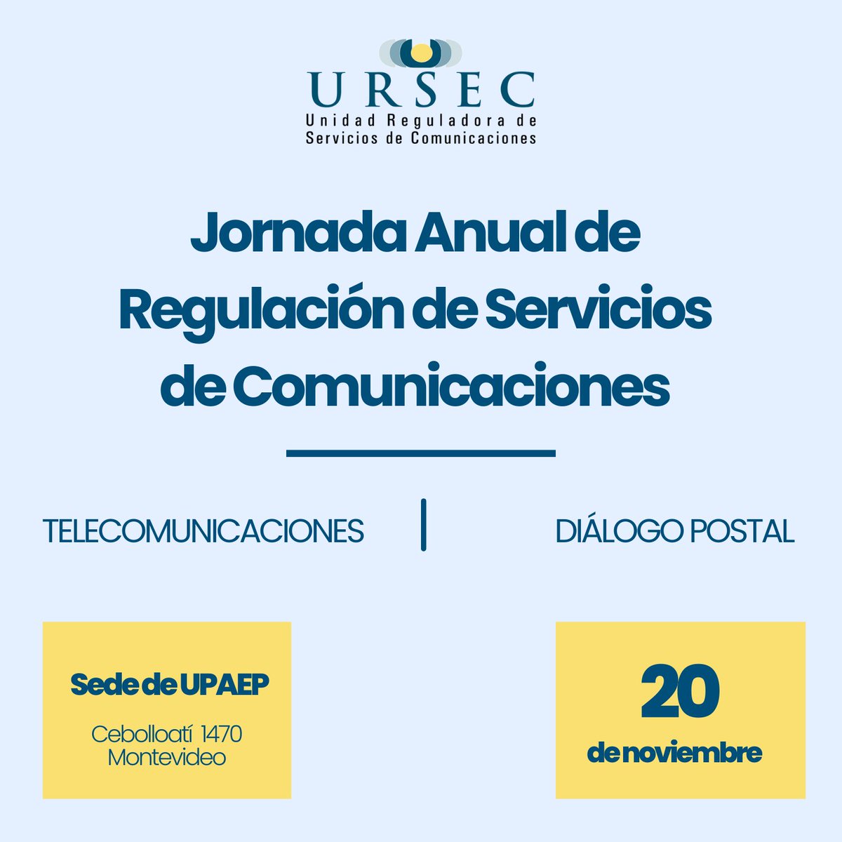 El 20 de noviembre celebraremos la Jornada Anual de Regulación de Servicios de Comunicaciones 2025 y la 17 Jornada de Diálogo Postal. 
La agenda y todos los detalles están disponibles en el siguiente enlace: 

gub.uy/unidad-regulad… 

<a href="/brunoferiguini/">Bruno Fernández Iguini</a> <a href="/NanoClaramunt/">Leandro Claramunt</a>