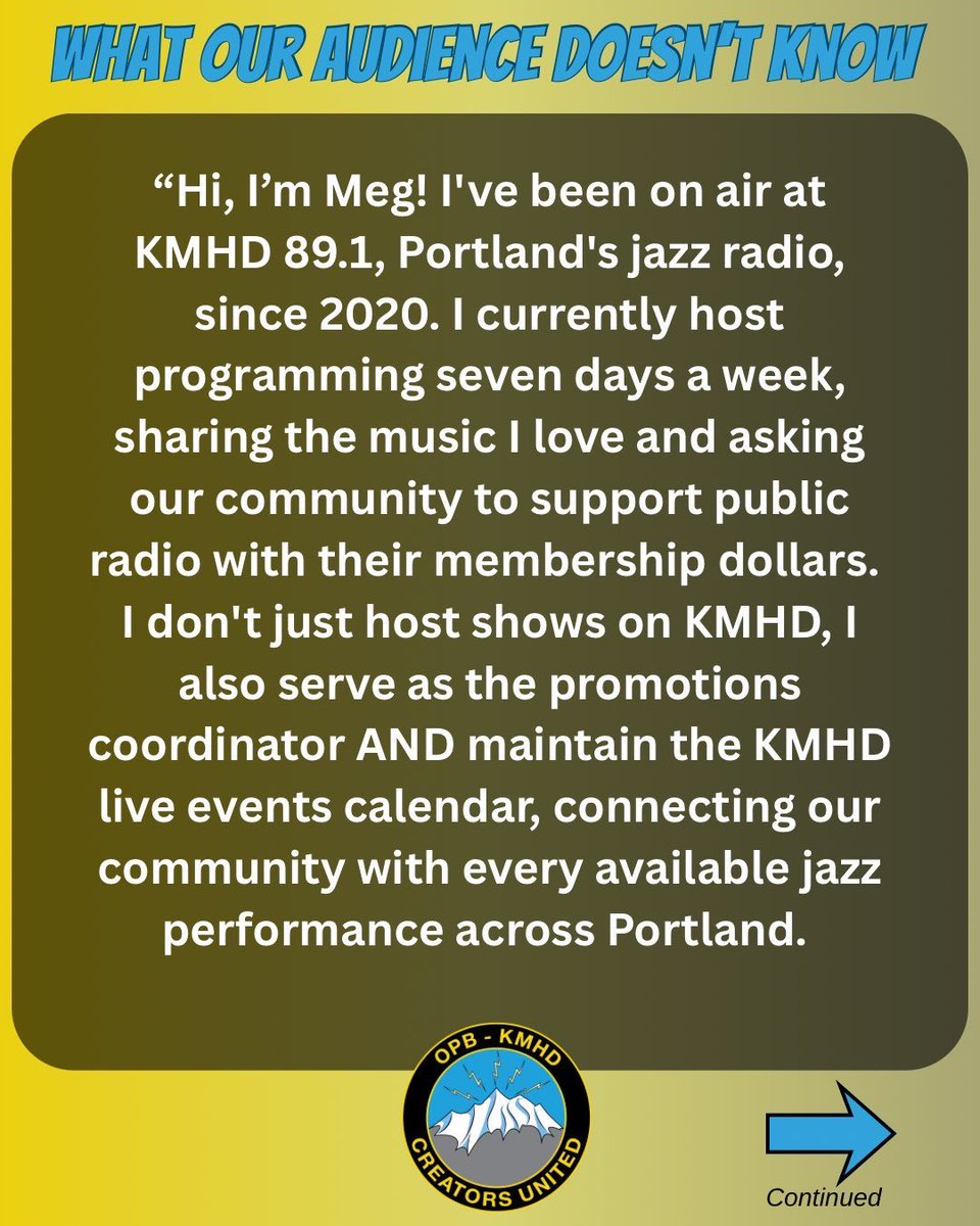 OPBKMHDCreators's tweet photo. Meg Samples-Morrow shares her story for our “what our audience doesn’t know” series.

"The people bringing you jazz around the clock are struggling to make ends meet ourselves. "
- Meg Samples-Morrow,
KMHD host/producer https://t.co/8j2a5bkIIe