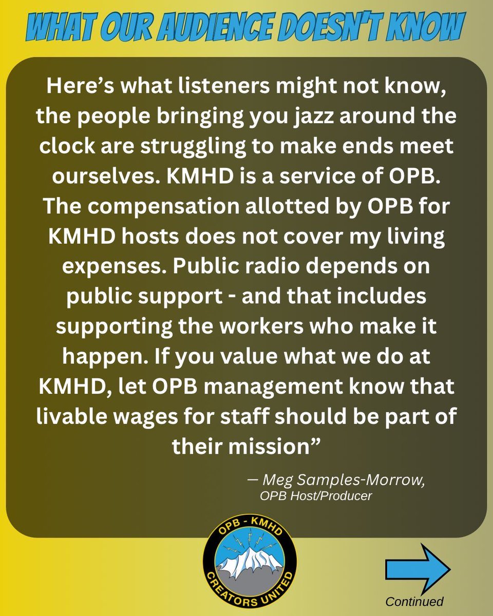 OPBKMHDCreators's tweet photo. Meg Samples-Morrow shares her story for our “what our audience doesn’t know” series.

"The people bringing you jazz around the clock are struggling to make ends meet ourselves. "
- Meg Samples-Morrow,
KMHD host/producer https://t.co/8j2a5bkIIe