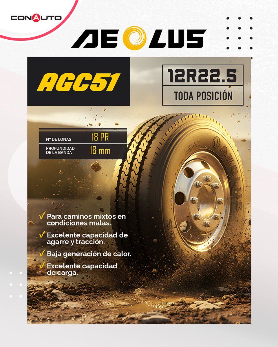 ConautoEC's tweet image. 🚚 Cuando el camino se pone difícil, la Aeolus AGC51 12R22.5 responde.
👉 Llanta para toda posición, ideal en caminos mixtos y condiciones exigentes.
🔹 Gran agarre y tracción
🔹 Menor generación de calor
🔹 Alta capacidad de carga
#Aeolus #TransportePesado #RendimientoSinLímites