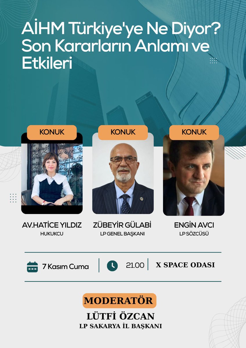 Son AİHM kararlarını, konusunun uzmanları ile konuşuyoruz. 

Merak edilen her şey 7 Kasım 2025 Cuma Akşam 21:00'de X Space Odamızda masaya yatırılıyor. 

<a href="/liberalpartiorg/">Liberal Parti</a> <a href="/ZGulabi/">Zübeyir Gülabi</a> <a href="/lozcaner/">Lütfi ÖZCAN</a> <a href="/avhaticeyldz/">Av.Hatice YILDIZ</a> <a href="/enginavci_lp/">Engin AVCl</a> 

#AİHM #Adalet #HMGS #hmgs2025
